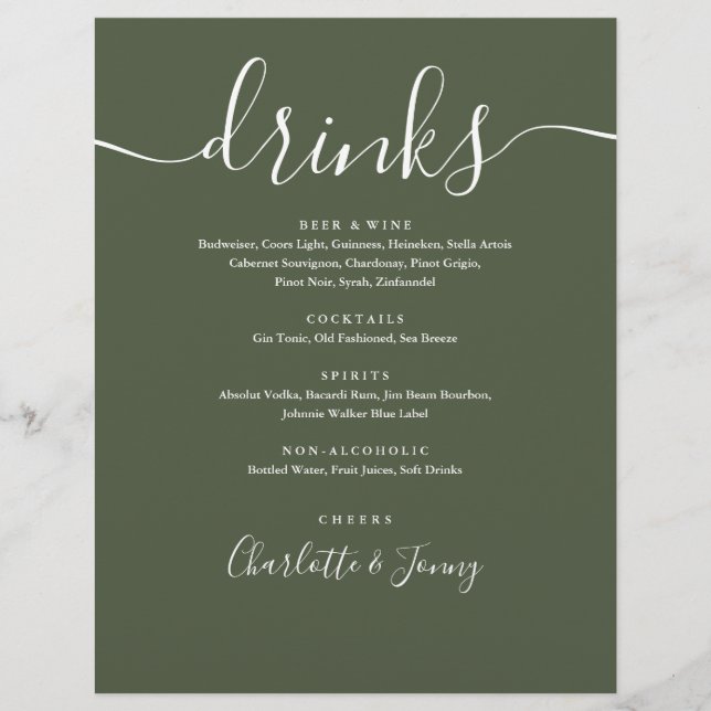 Olive Green Modern Script Wedding Drinks Menu Flyer (Front)