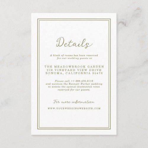 Olive Green Modern Wedding Details Card