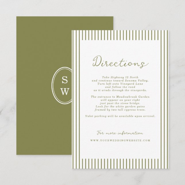 Olive Green Modern Wedding Directions Card (Front/Back)