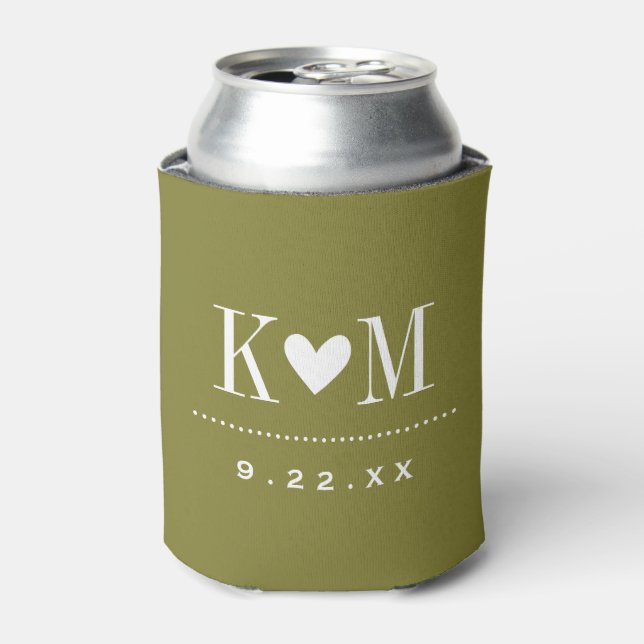 Olive Green Modern Wedding Monogram Can Cooler (Can Front)