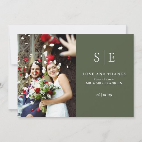 Olive Green Monogram 2 Photo Wedding Thank You Card