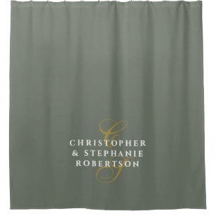 Olive Green Monogram Couple Gold White Minimalist Shower Curtain