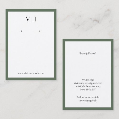 Olive Green Monogram Jewelry Earrings Display Card
