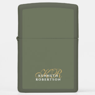 Olive Green Monogram Minimalist Gold White Men  Zippo Lighter