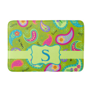Olive Green Monogram Modern Paisley Pattern Bathroom Mat