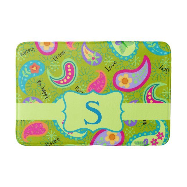 Olive Green Monogram Modern Paisley Pattern Bathroom Mat (Front)