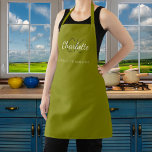 Olive green monogram name business  apron<br><div class="desc">Olive green colored background. Personalize and add your first name,  monogram initials and full name.  Use your back space key to delete if you want the apron without your full name.</div>