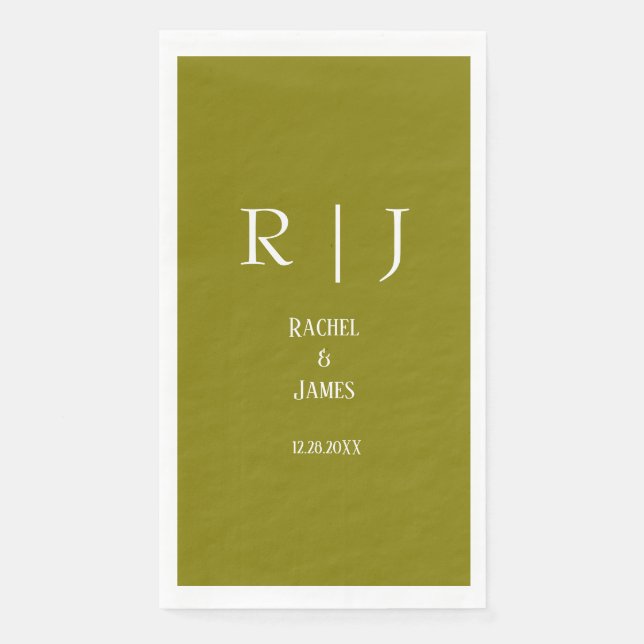 Olive Green Monogram Name Modern Elegant Wedding Paper Guest Towels (Front)