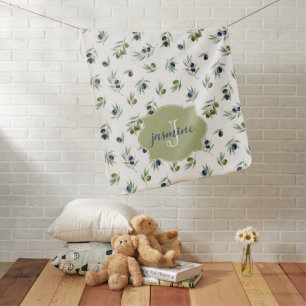 Olive Green Monogram Name Watercolor Chic Pattern Baby Blanket