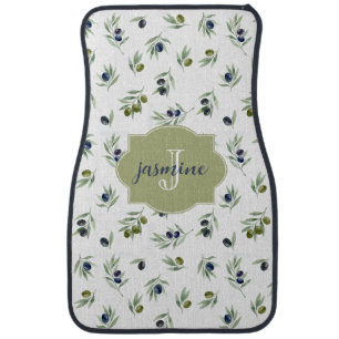 Olive Green Monogram Name Watercolor Chic Pattern Car Floor Mat
