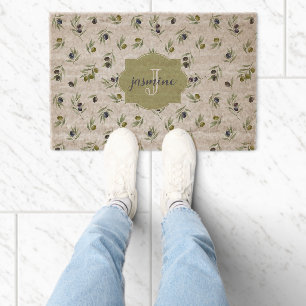 Olive Green Monogram Name Watercolor Chic Pattern Fiber Doormat