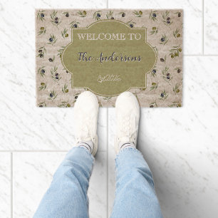 Olive Green Monogram Name Watercolor Chic Pattern Fiber Doormat