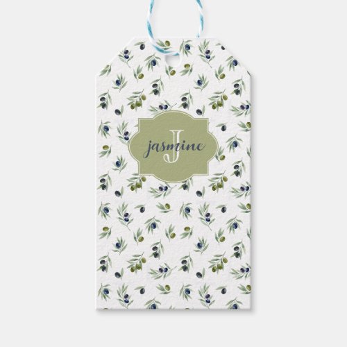 Olive Green Monogram Name Watercolor Chic Pattern Gift Tags