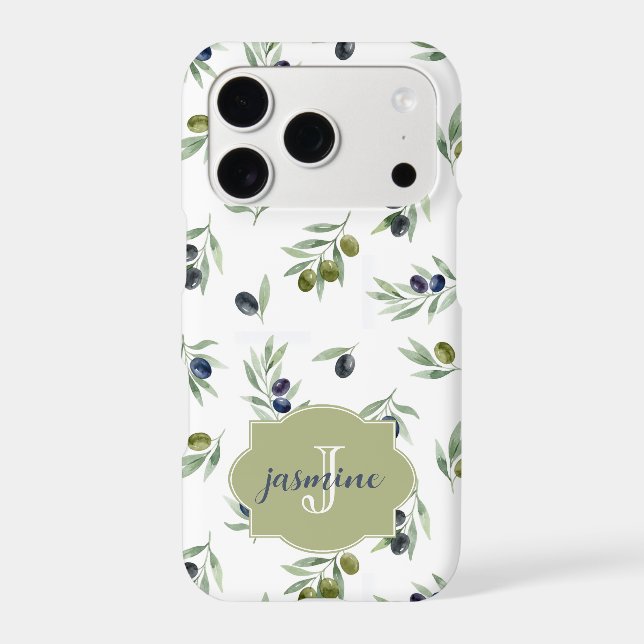 Olive Green Monogram Name Watercolor Chic Pattern iPhone Case (Back)