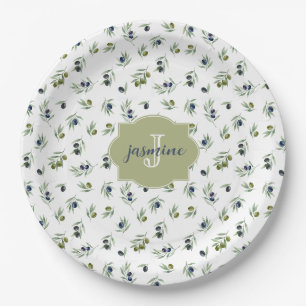 Olive Green Monogram Name Watercolor Chic Pattern Paper Plates