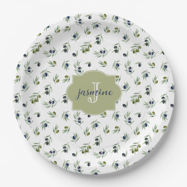 Olive Green Monogram Name Watercolor Chic Pattern Paper Plates (Front)