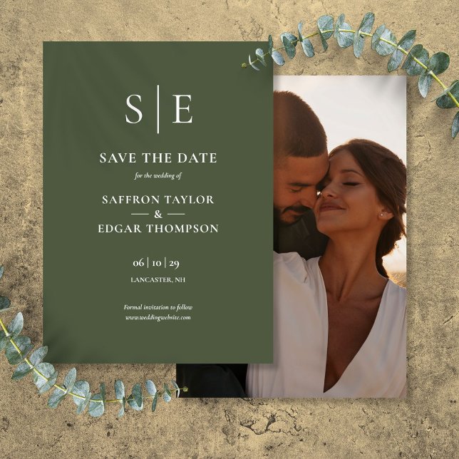 Olive Green Monogram Photo Wedding Save The Date (Olive Green Monogram Photo Wedding Save The Date)