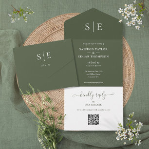 Olive Green Monogram QR Code Wedding All In One Invitation