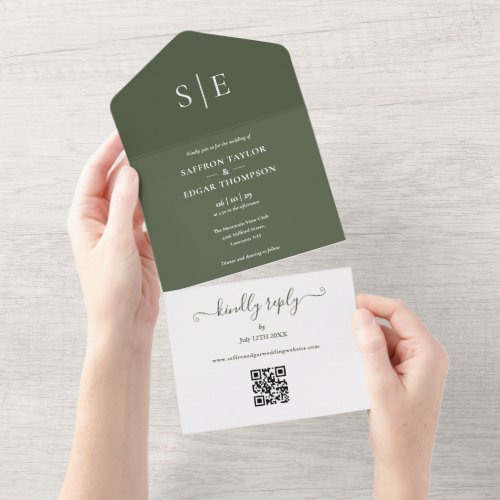 Olive Green Monogram QR Code Wedding All In One Invitation