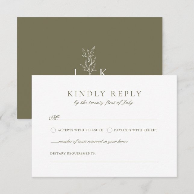 Olive Green Monogram Sage Green Wedding RSVP  Enclosure Card (Front/Back)