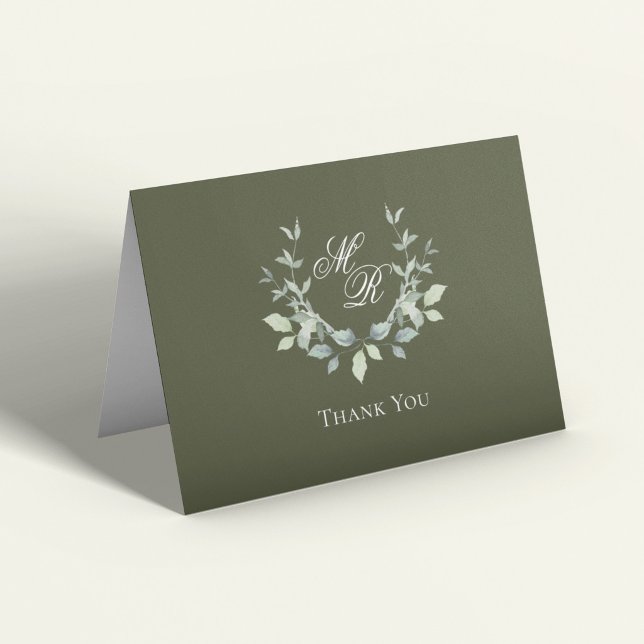 Olive Green Monogram Script Wedding Thank You Card (Olive green monogram wedding thank you card with botanical wreath and elegant script)