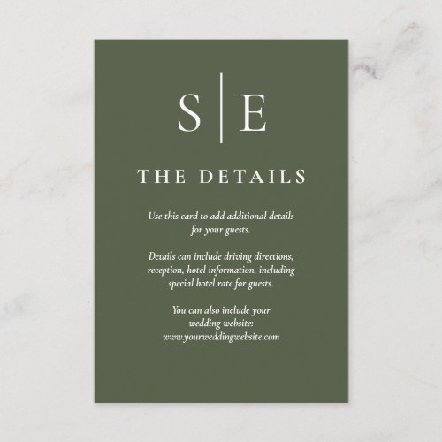 Olive Green Monogram Wedding Details Enclosure Card