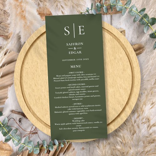 Olive Green Monogram Wedding Dinner Menu