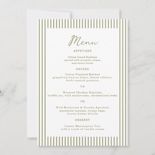 Olive Green Monogram Wedding Menu Card