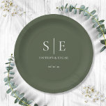 Olive Green Monogram Wedding Paper Plates<br><div class="desc">This chic minimalist olive green wedding paper plate can be personalized with your monogram initials,  names and special date. Designed by Thisisnotme©</div>