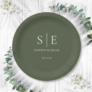 Olive Green Monogram Wedding Paper Plates