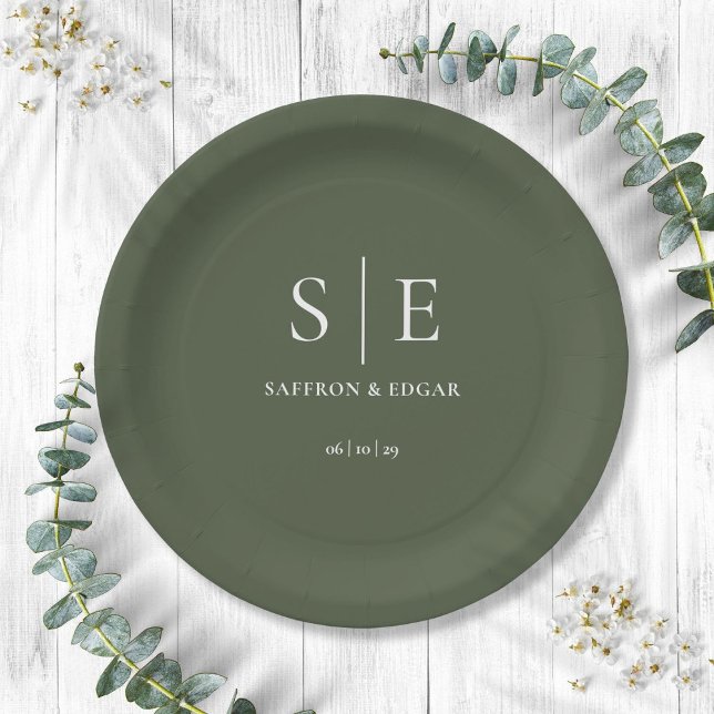 Olive Green Monogram Wedding Paper Plates (Olive Green Monogram Wedding Paper Plates)