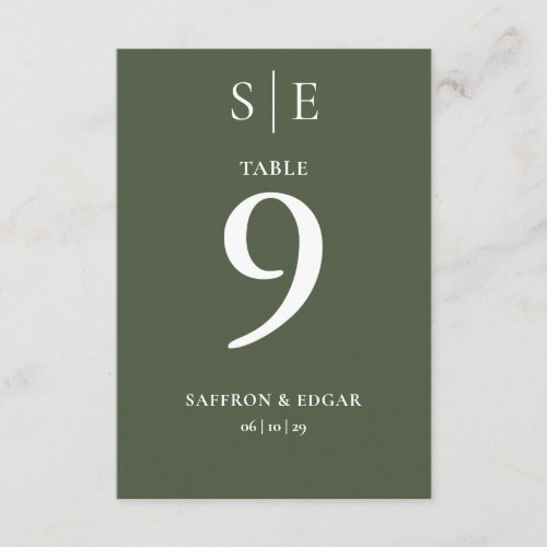 Olive Green Monogram Wedding Table Number 