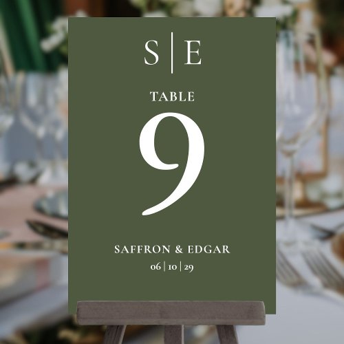 Olive Green Monogram Wedding Table Number 