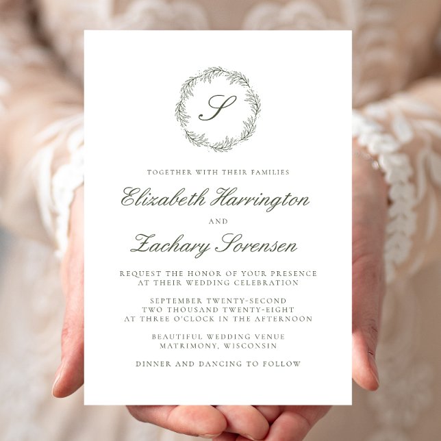 Olive Green Monogram Wreath Script Invitation (Creator Uploaded)
