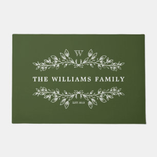 Olive Green Monogrammed Hand-Drawn Half Wreath Doormat