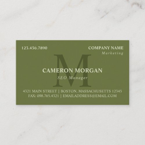 Olive Green Monogrammed Professional Business Card