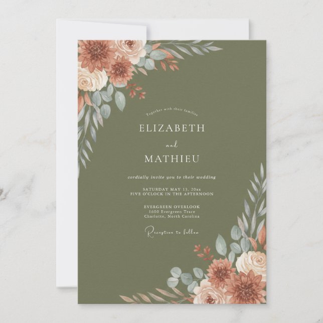 Olive Green Moody Autumnal Wedding Invitation (Front)