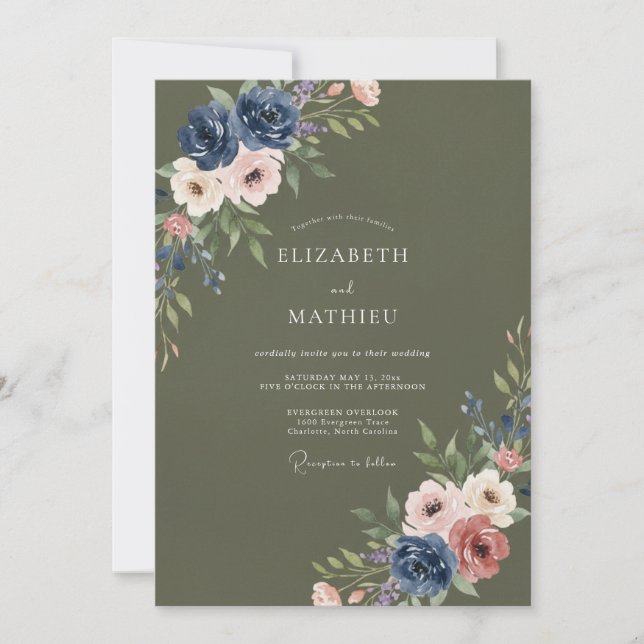 Olive Green Moody Floral Wedding Invitation (Front)