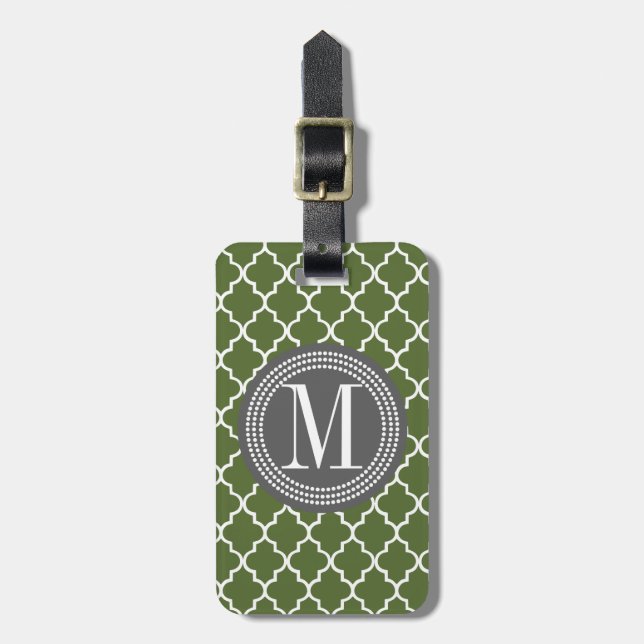 Olive Green Moroccan Lattice Personalized Luggage Tag (Front Vertical)