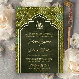 Olive Green Moroccan Muslim Wedding Gold Foil Invitation
