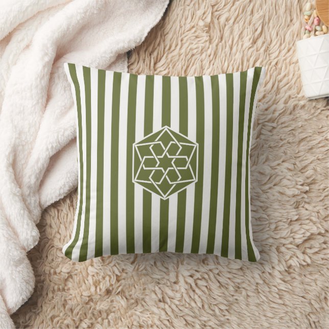 Olive Green Moroccan Zellige Flower Symbol Throw Pillow (Blanket)
