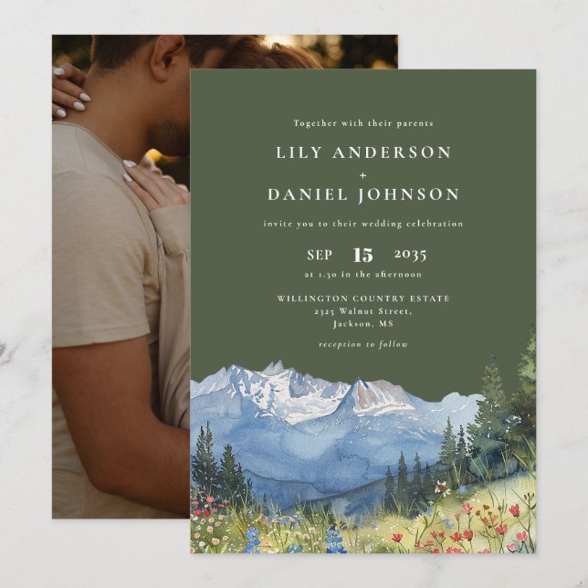 Olive Green Mountain Wildflower Photo Wedding Invitation (Front/Back)