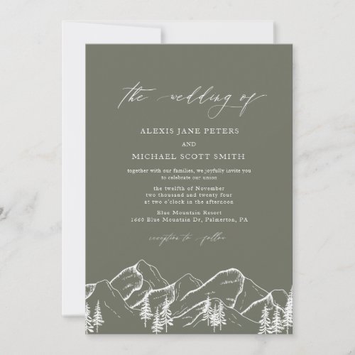 Olive Green Mountains Outdoor Pine Tree Wedding Invitation