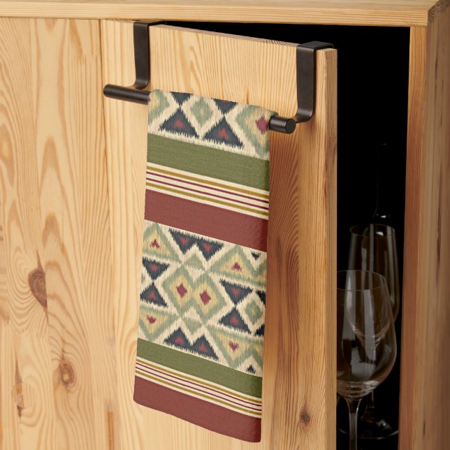 Olive Green Mustard Ochre Yellow Tribal Ikat Art Kitchen Towel (Thirds Fold)