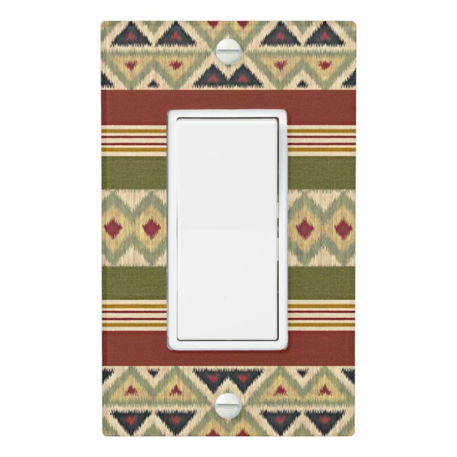 Olive Green Mustard Ochre Yellow Tribal Ikat Art Light Switch Cover (In Situ)