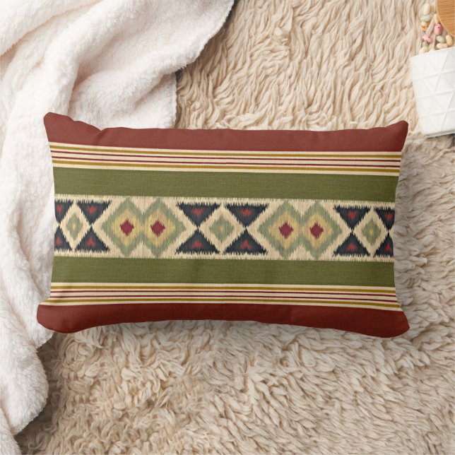 Olive Green Mustard Ochre Yellow Tribal Ikat Art Lumbar Pillow (Blanket)