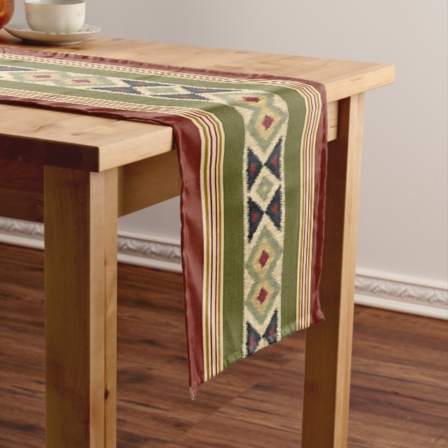 Olive Green Mustard Ochre Yellow Tribal Ikat Art Medium Table Runner (In Situ)