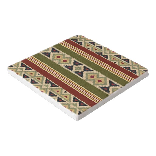 Olive Green Mustard Ochre Yellow Tribal Ikat Art Trivet (Corner)