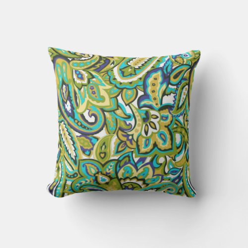 Olive Green Mustard Yellow Turquoise Blue Paisley Outdoor Pillow