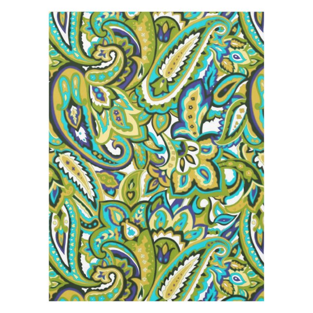 Olive Green Mustard Yellow Turquoise Blue Paisley Tablecloth (Front)